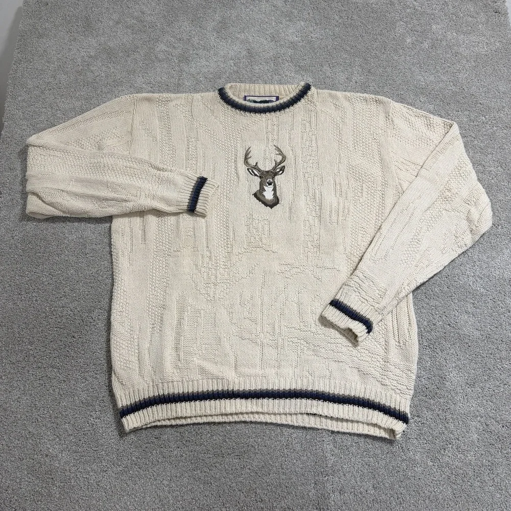 Vintage Shenandoah Deer‎ Sweater Mens XLT Beige Embroidered Animal Knit USA 90s